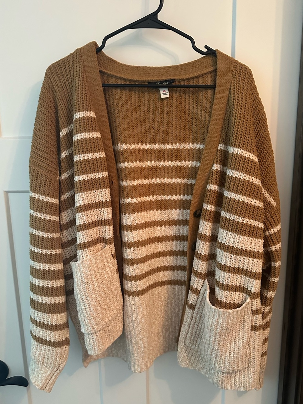 Camel and White Striped Rib-Knit Sweater - Women's